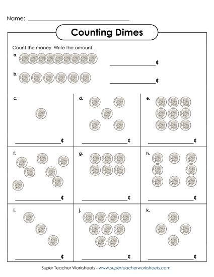 First grade student completing a math worksheet about counting dimes by tens