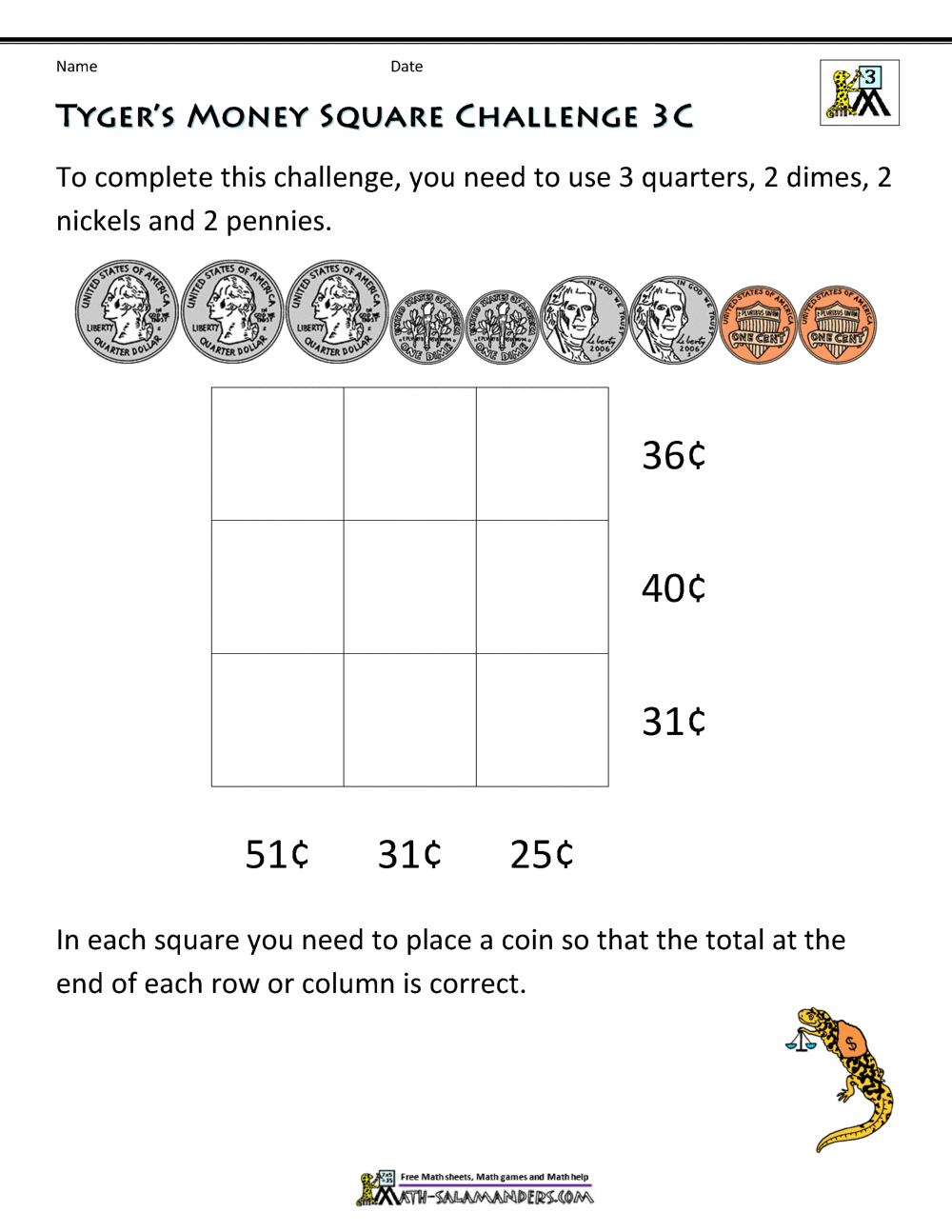 Counting Money worksheet for first graders with coin value and money problem questions