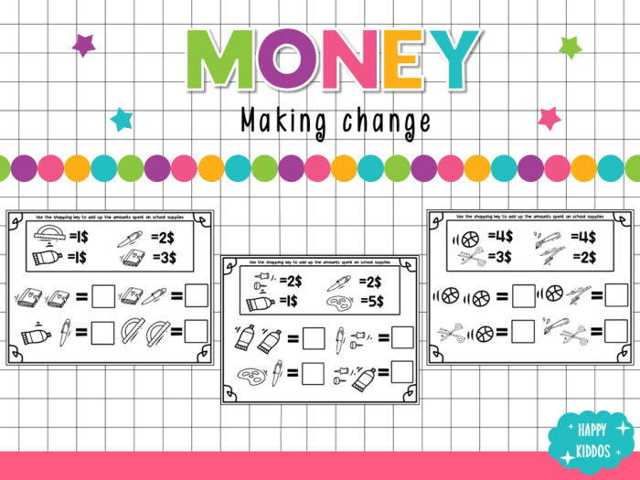 Second grade math worksheet featuring money word problems for calculating change at a toy store