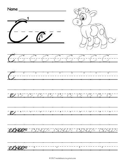 Practice cursive C letter formation with tracing lines and examples for third grade students learning handwriting skills