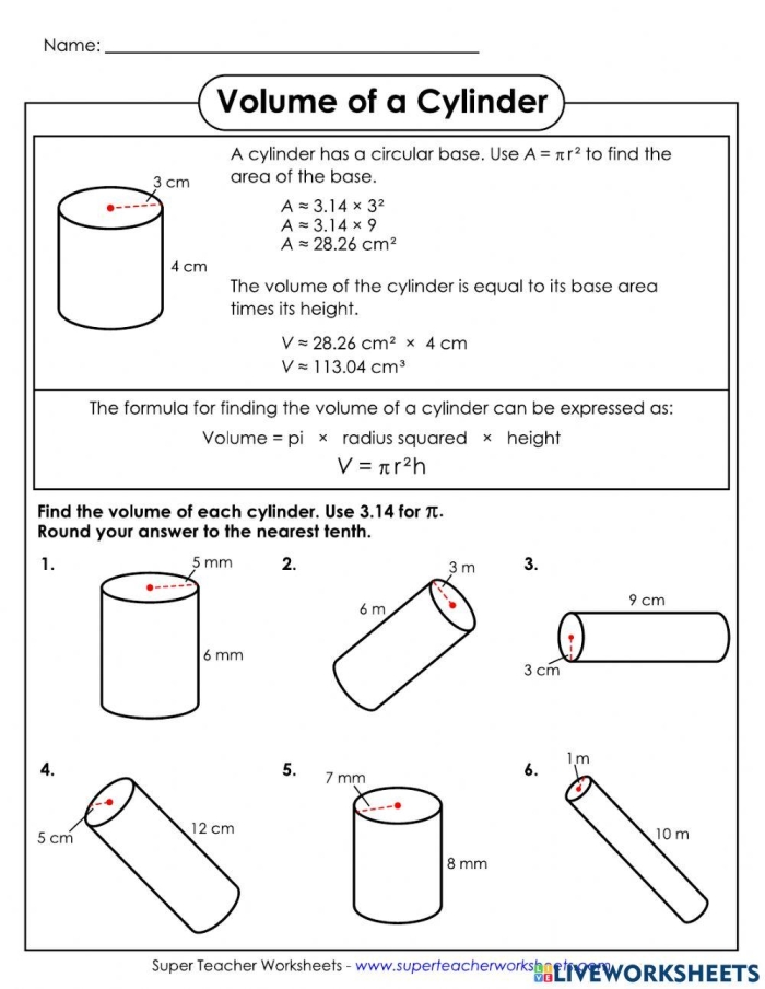 Practice worksheet for calculating volumes of different cylinders using the volume formula Eighth grade students solving cylinder volume problems on a geometry worksheet with various cylinder dimensions