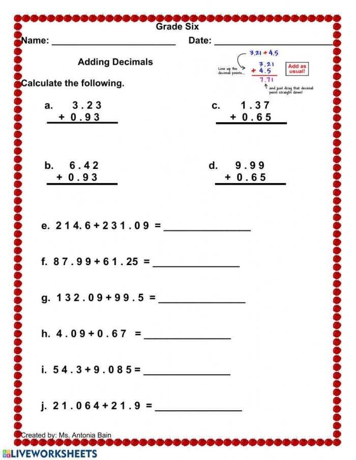 Fifth grade math quiz worksheet showing decimal addition problems to the hundredths place with answer spaces
