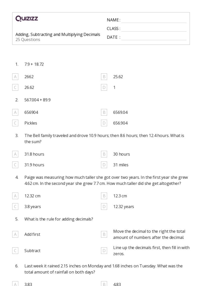 Fifth grade math worksheet featuring a quiz for adding decimals to the hundredths place