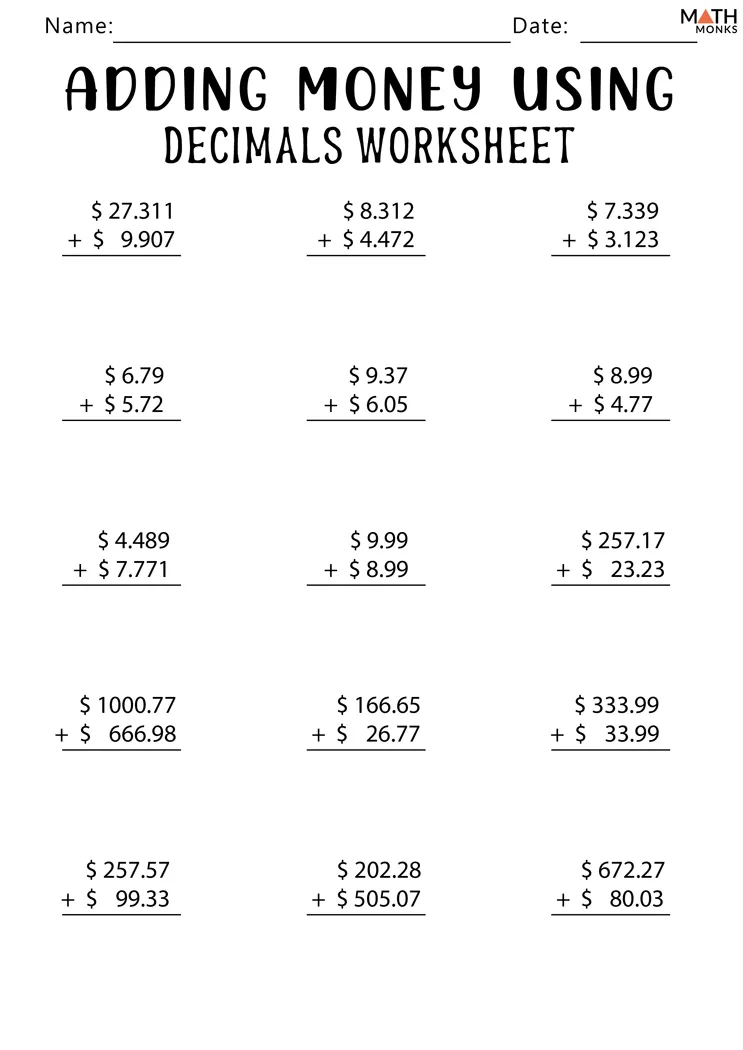 Fifth grade students solving decimal addition problems up to the thousandths place on a practice worksheet