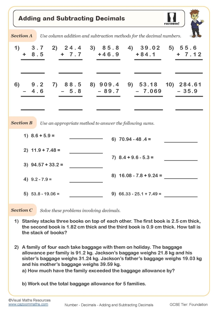 Fourth grade math worksheet showing decimal addition problems with colorful design for practicing addition to the hundredths place