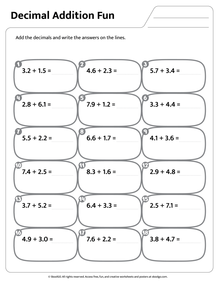 Decimal Addition Worksheet Practice for Grade 5 Lesson 20 Fifth grade math student completing a decimal addition worksheet with a focus on decimal point alignment