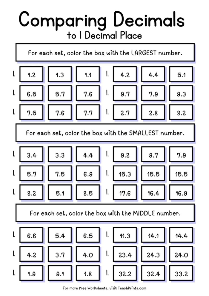 Fifth grade math worksheet showing decimal comparison and rounding practice problems for students