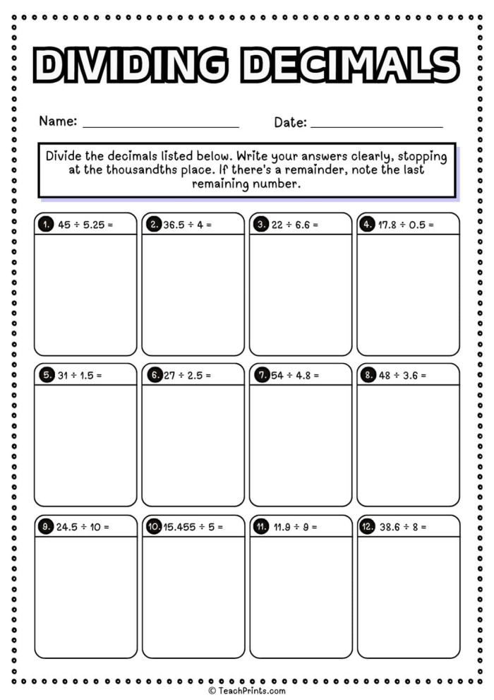 Fifth grade math students practicing decimal division problems on a worksheet
