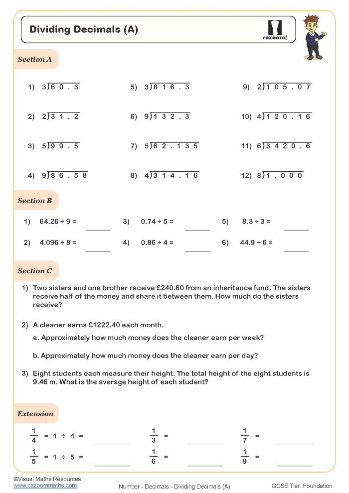 Fifth grade math worksheet featuring nine practice problems for dividing decimals by whole numbers