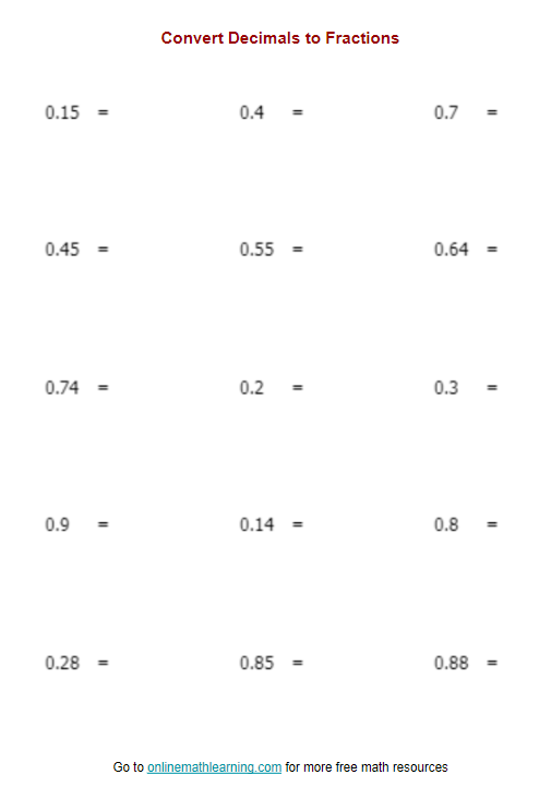 Fourth grade math worksheet for converting decimals between 0 and 1 into equivalent fractions