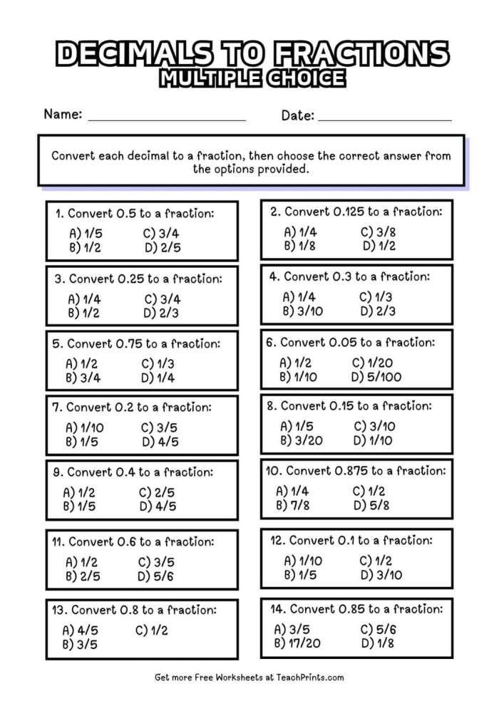 Fourth grade math worksheet featuring decimal to fraction conversion practice for ten