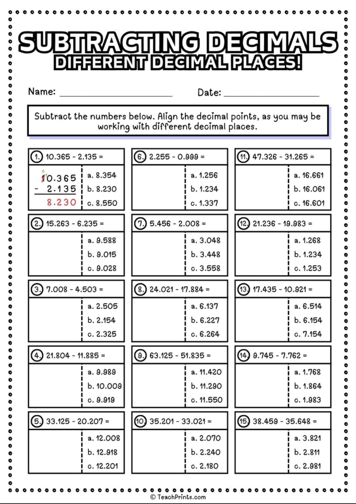 Fifth grade math worksheet featuring decimal subtraction practice problems