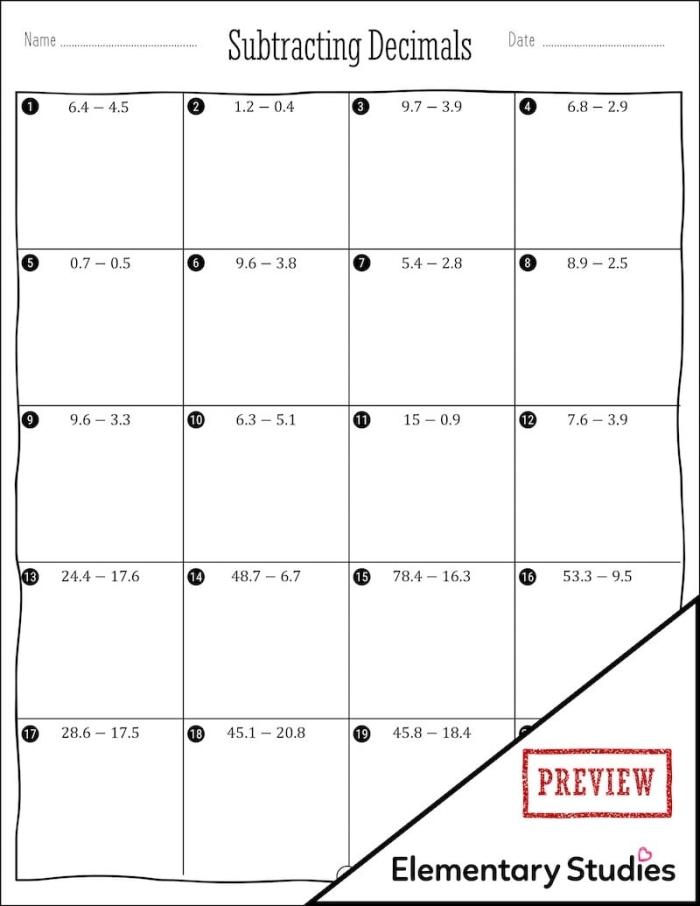 A fifth grade student working through decimal subtraction problems on a practice worksheet with multiple equations to solve