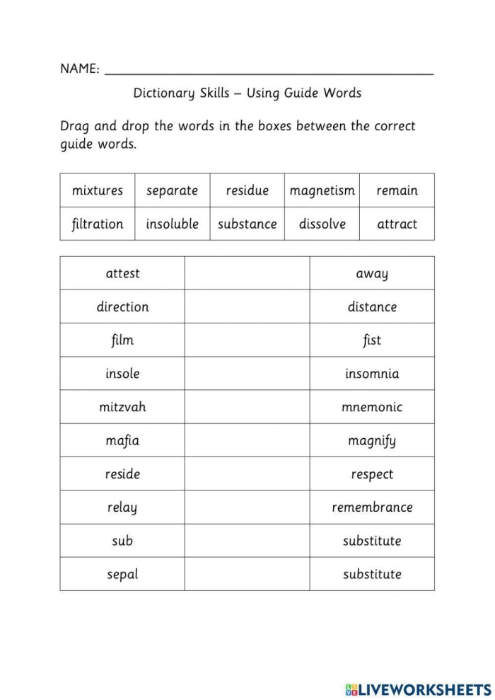 Second grade students matching vocabulary words to dictionary guide words on a practice worksheet 17