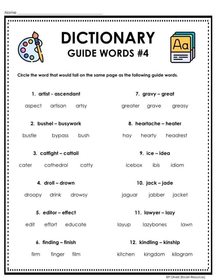 Second grade students practicing alphabetizing with dictionary guide words and matching activities on a worksheet