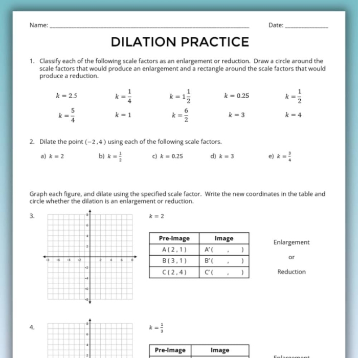 Eighth grade math worksheet showing geometric figures being dilated from the origin on a coordinate plane