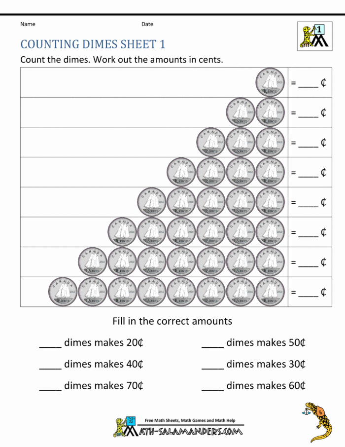 First grade worksheet for practicing counting by tens with dimes