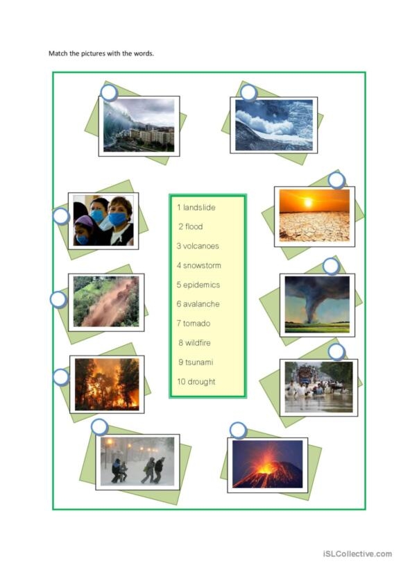Master of Disaster Vocabulary Practice for Elementary Science Learners Third grade student completing a Master of Disaster vocabulary worksheet with natural disaster terms and pictures