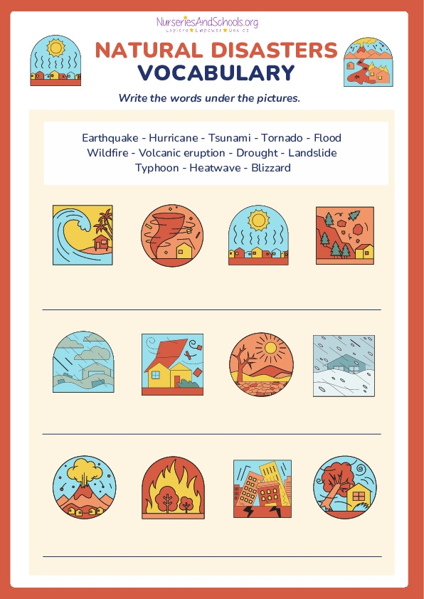 Natural Disaster Vocabulary Practice Activity for Elementary Learners Third grade student completing a Master of Disaster vocabulary worksheet with natural disaster terms and illustrations