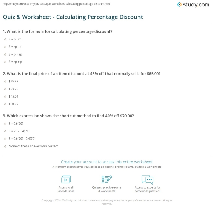 Sixth grade student solving discount calculation problems using percentages and decimals on a math worksheet