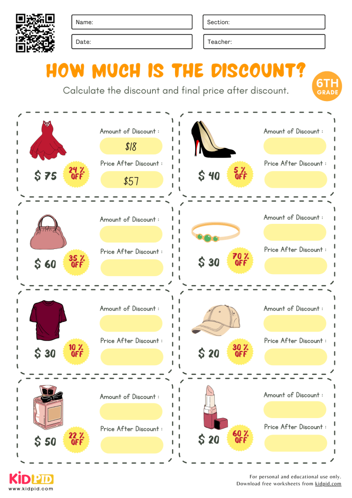 Sixth grade student using percentage and decimal math to calculate product discounts on a worksheet