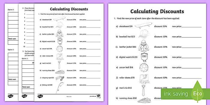 Sixth grade student calculating discount percentages on product prices using decimal math
