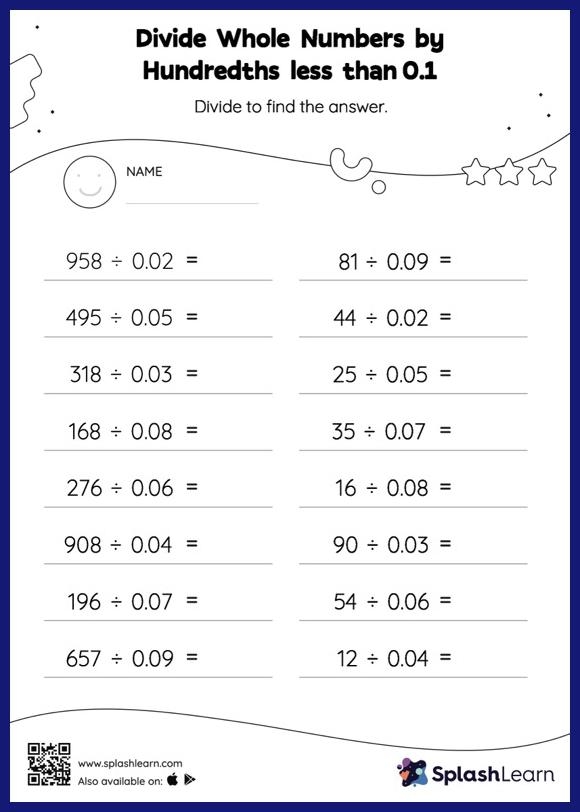 Worksheet featuring practice problems for dividing decimals by whole numbers