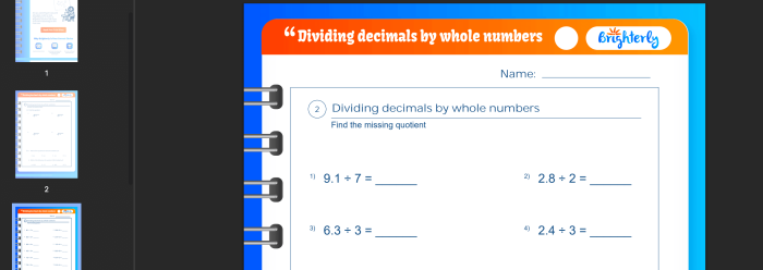 Fifth grade math worksheet featuring nine practice problems for dividing decimals by whole numbers