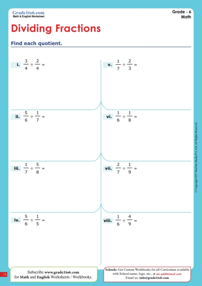 Sixth grade student solving a dividing fractions by fractions math worksheet page 9