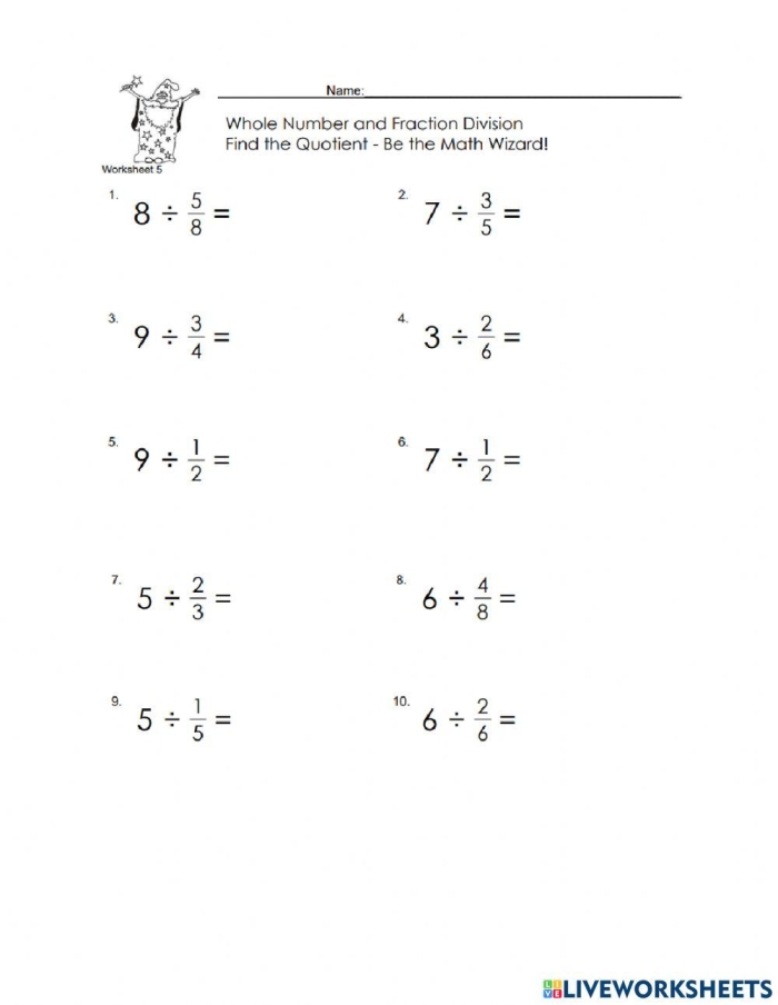 Dividing Fractions by Whole Numbers Practice Worksheet 6 Fifth grade student completing a math worksheet on dividing fractions by whole numbers