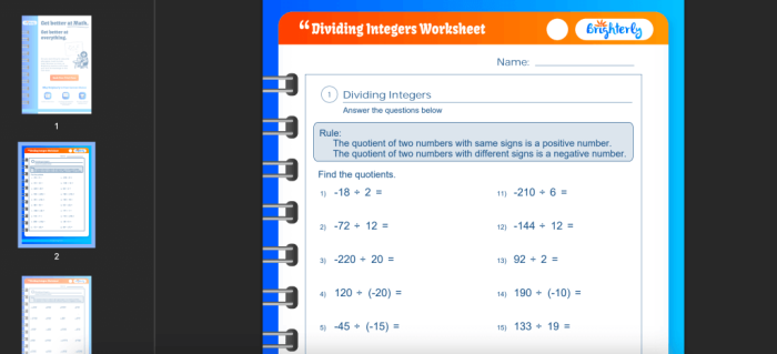 Dividing Integers Practice Worksheet for Grade 7 Math Skills Seventh grade students practicing division of positive and negative integers on a one-page math worksheet