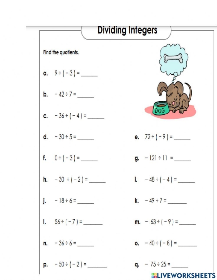 Dividing Integers Practice Worksheet for Seventh Grade Students Number Six Seventh grade math students practice dividing positive and negative integers on this worksheet