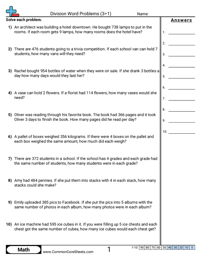 Simple Division Word Problems Activity Sheet for Elementary Math Practice Fourth grade students solving seven simple division word problems on a colorful practice worksheet