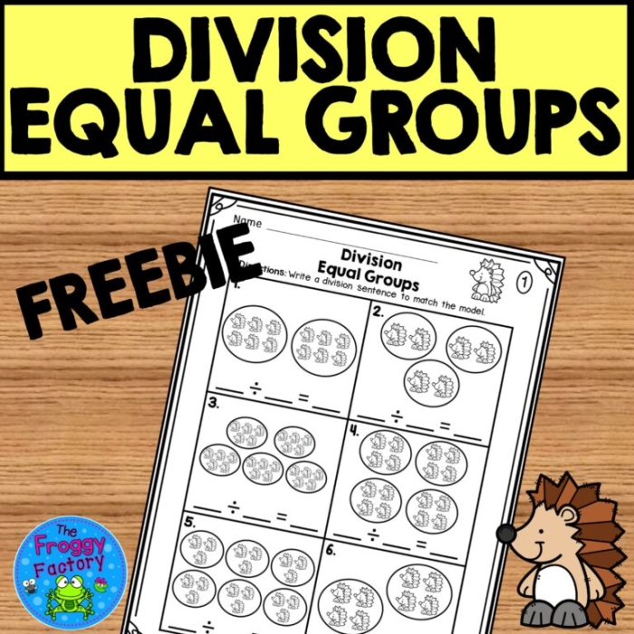 Division worksheet for third graders: Equal Groups (Part Two), Image 2 Worksheet showing objects for creating equal groups in division problems