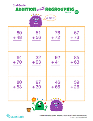 Underwater Double Digit Addition with Regrouping Practice Worksheet 11 Second grade math worksheet featuring underwater themed vertical addition problems with regrouping for double digits