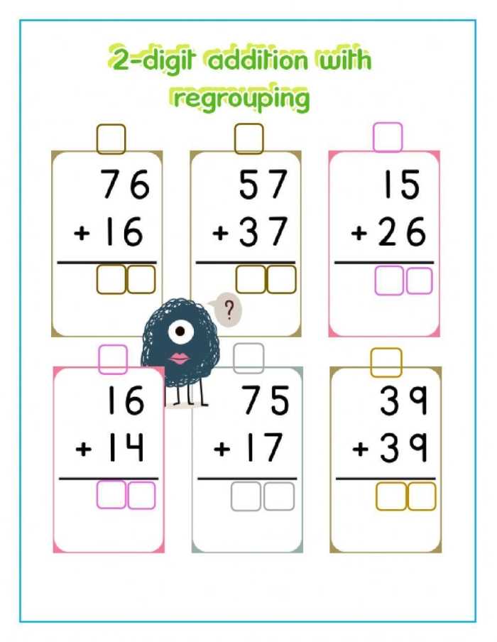 Underwater Double Digit Addition with Regrouping Practice Worksheet 6 Second grade student solving underwater themed double-digit addition problems with regrouping on a math worksheet