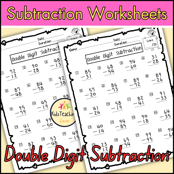 Second grade student worksheet featuring mixed double-digit addition and subtraction math problems