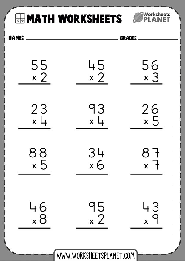 Fourth grade math worksheet featuring several two-digit by two-digit multiplication problems for practice