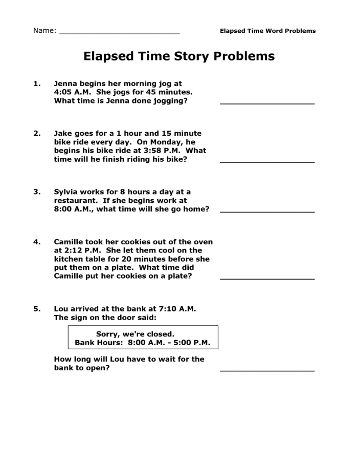 Third grade student practicing elapsed time calculation using a number line worksheet