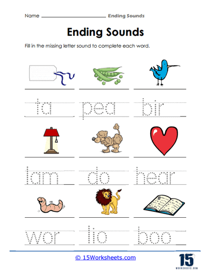 End Sounds Worksheet 12 Identifying Final Phonemes for Preschoolers Pre-K worksheet helping children identify the final sounds in words for letter recognition practice