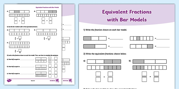 Fourth grade math worksheet featuring bar models to help students visualize and practice equivalent fractions