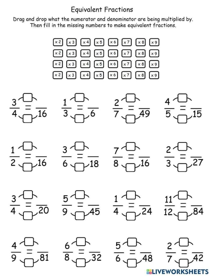 Worksheet for practicing equivalent fractions for third graders