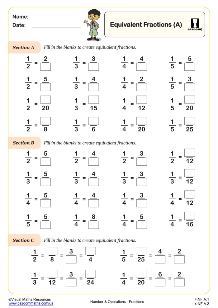 Fourth grade math worksheet for practicing equivalent fractions through multiplication and division tasks