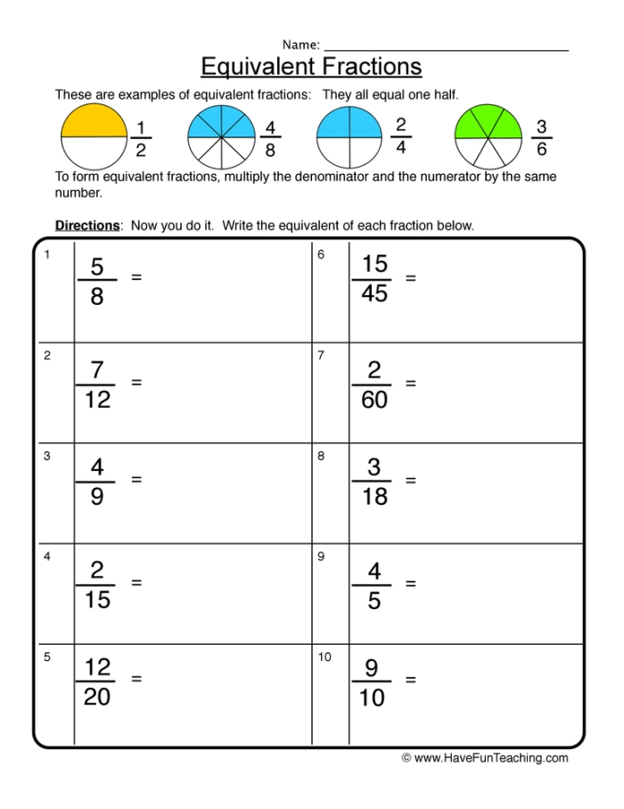 Third grade worksheet featuring colorful exercises for identifying equivalent fractions