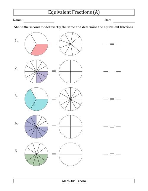 Third grade student completing an equivalent fractions worksheet with colorful math problems