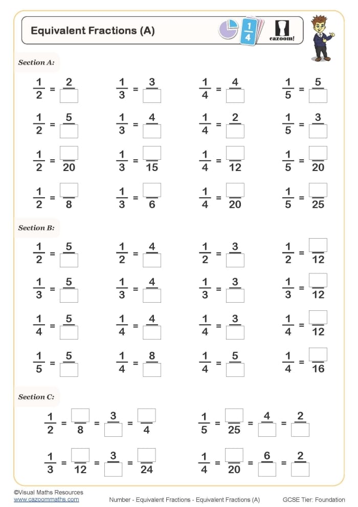 Worksheet for third graders to practice identifying equivalent fractions