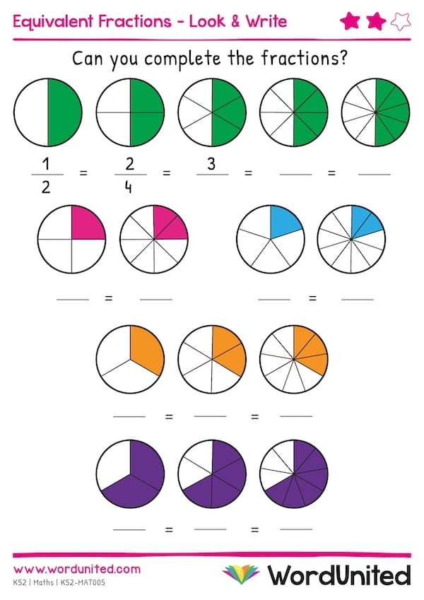 Third grade math worksheet for students to practice identifying and writing equivalent fractions