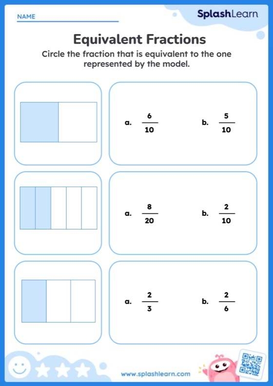 Fourth grade math worksheet featuring colorful visual models to teach equivalent fractions