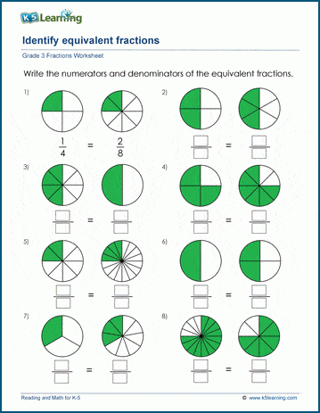 Third grade student practicing identifying equivalent fractions on a colorful worksheet