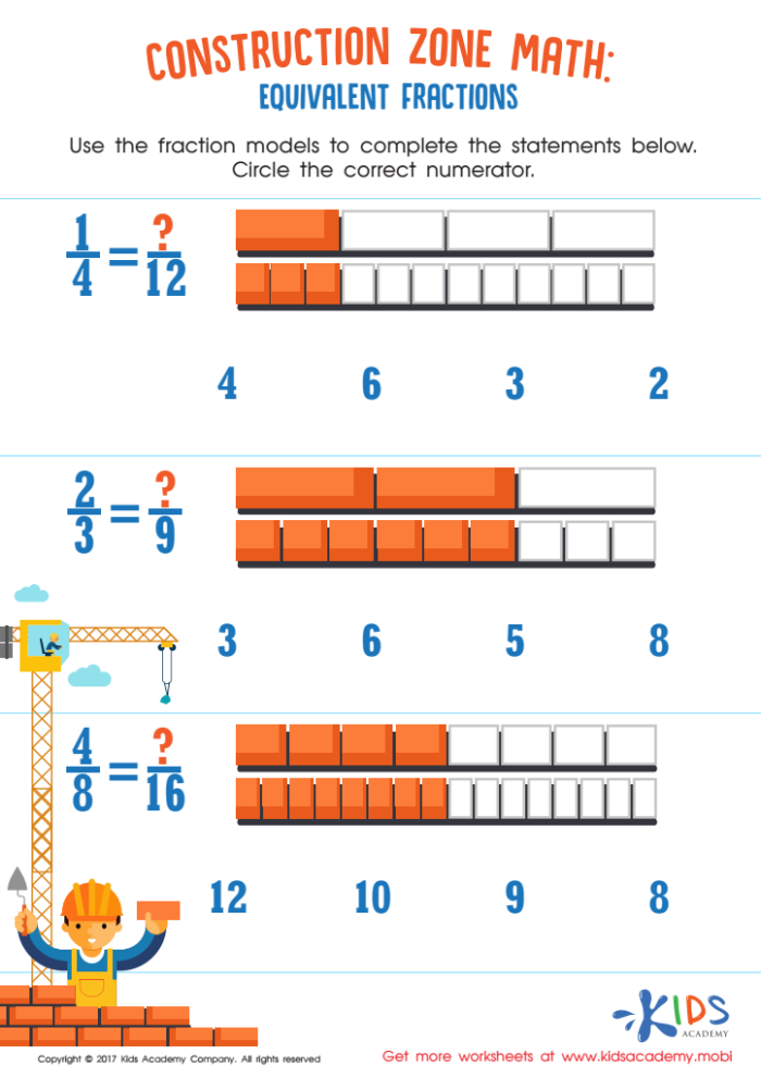 Colorful worksheet for third graders to practice identifying equivalent fractions like 1/2 and 2/4